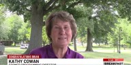 Former KFVS Programming Director Kathy Cowan congratulates Brian Alworth on retirement