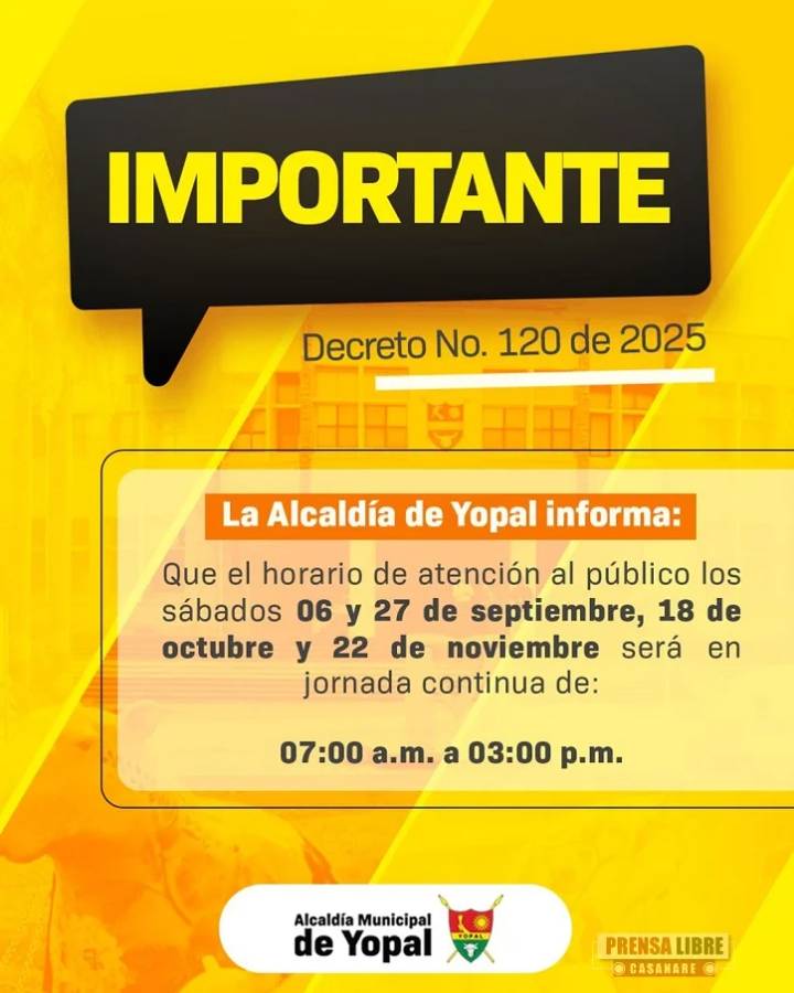Alcaldía de Yopal atenderá los sábados