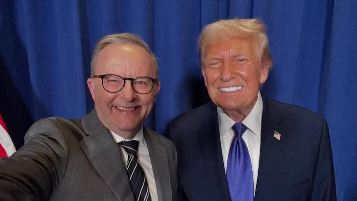 Anthony Albanese and Donald Trump smile for selfie as Australian PM scores face time with US President