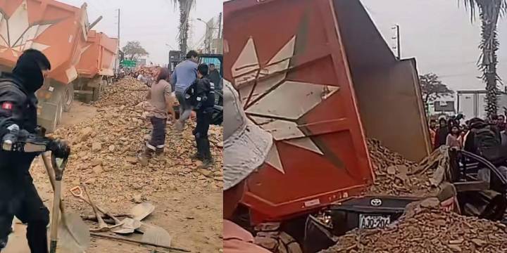 Tráiler cargado de tierra se volcó en la Panamericana Norte y aplastó un auto: una persona quedó atrapada en Puente Piedra