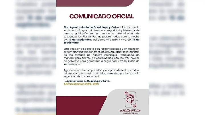 Suspenden fiestas patrias en Guadalupe y Calvo por motivos de seguridad