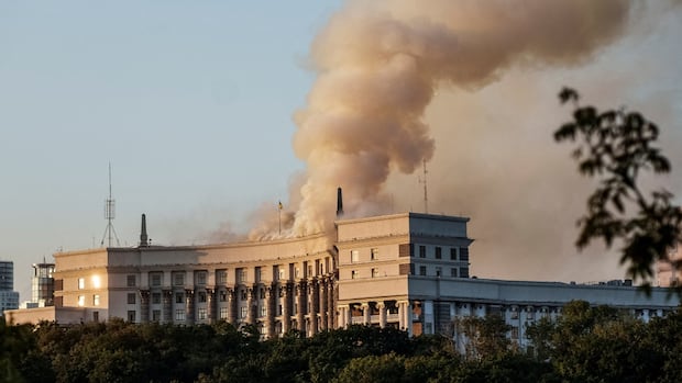 Russia's largest air attack on Ukraine sets fire to main government building