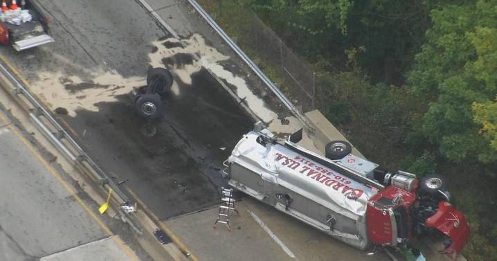 Tanker truck overturns, spilling fuel onto Media Bypass in Upper Providence Township, Pennsylvania