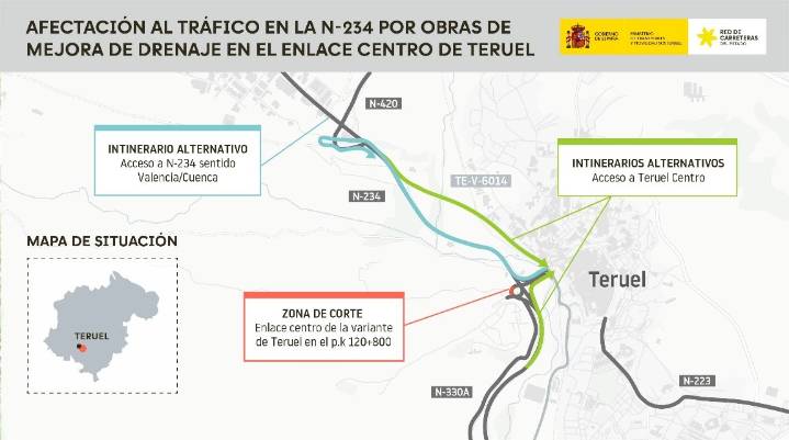 Corte en la carretera N-234 a la altura del enlace con el barrio del Jorgito en la capital turolense