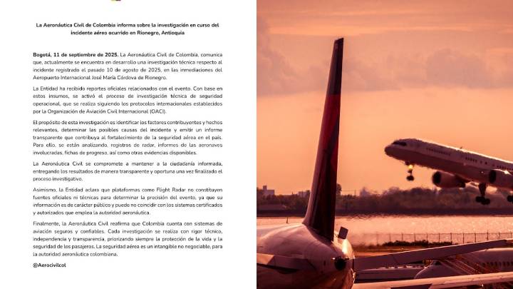 Aerocivil se pronunció tras incidente aéreo en Medellín, donde dos aviones estuvieron a 800 metros de colisionar