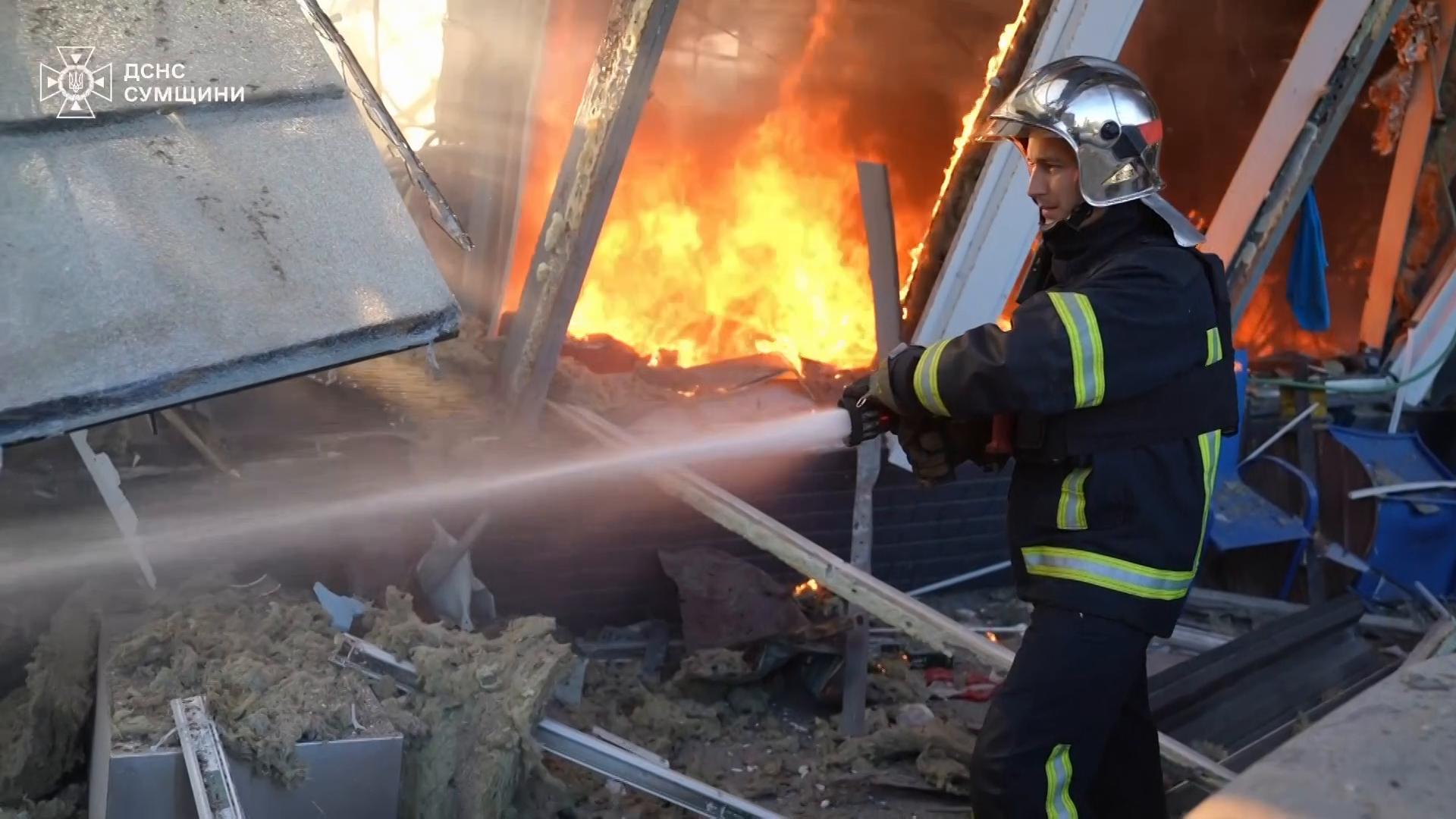 Firefighters douse flames after deadly Russian drone attack on Ukrainian city of Sumy
