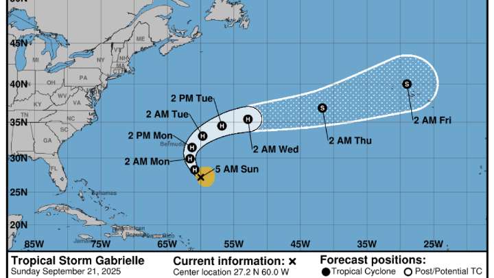 Tropical Storm Gabrielle expected to become 2nd Atlantic hurricane of the season
