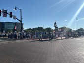 Demonstrators gather at Congressman Jefferson Shreve's office in Greenwood to protest redistricting efforts, ICE's use of Camp Atterbury