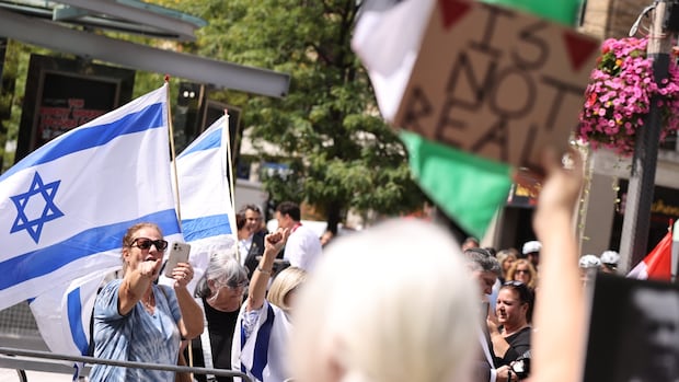 Police keep chanting protesters separated outside TIFF screening of Oct. 7 documentary