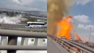 Autobús con pasajeros poblanos pasa en medio de explosión de pipa en Puente de La Concordia