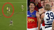 AFL 2025: Cam Rayner double goal controversy, Brisbane vs Geelong, accused of intimidating umpire before soft free kicks, video, latest news
