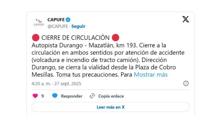 Volcadura e incendio de tráiler obliga cierre a la circulación de la Autopista Durango