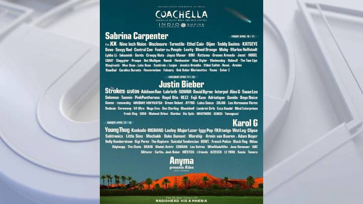 Coachella 2026: Sabrina Carpenter, Justin Bieber, Karol G listed as headliners
