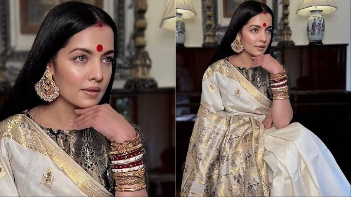Celina Jaitly Elevates Festive Dressing In A Gold And Ivory Swarnachari Saree