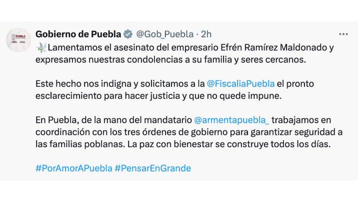 Condena gobierno de Puebla asesinato del empresario Efrén Ramírez Maldonado