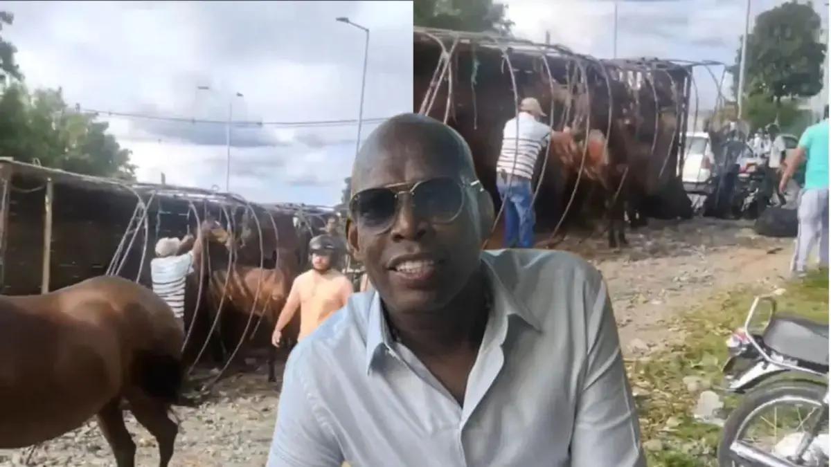Camión que llevaba caballos del 'Tino' Asprilla se volcó; el exfutbolista reaccionó enojado: 'Se voló, se acabó de ir y me dejó esto aquí'