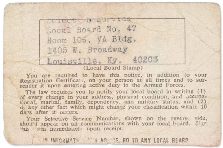 Muhammad Ali’s unsigned draft card, a piece of Vietnam-era history, will be auctioned