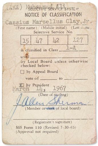 Muhammad Ali's unsigned draft card, a piece of Vietnam-era history, will be auctioned