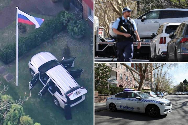 Driver arrested for crashing car into Russian consulate in Sydney