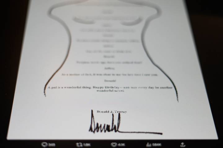 Trump note to Jeffrey Epstein released by Congress; president denies writing it