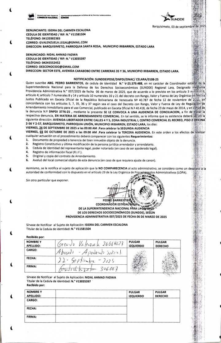 Cartel de Citación al ciudadano (a)  Nidal Ahmad Fadwa, cédula de identidad V-11.430.440, Audiencia de Conciliación por Denuncia en materia de Arrendamiento Comercial, denuncia N° DNPDI 3676