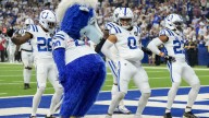 Colts Cam Bynum celebrates interception with mascot