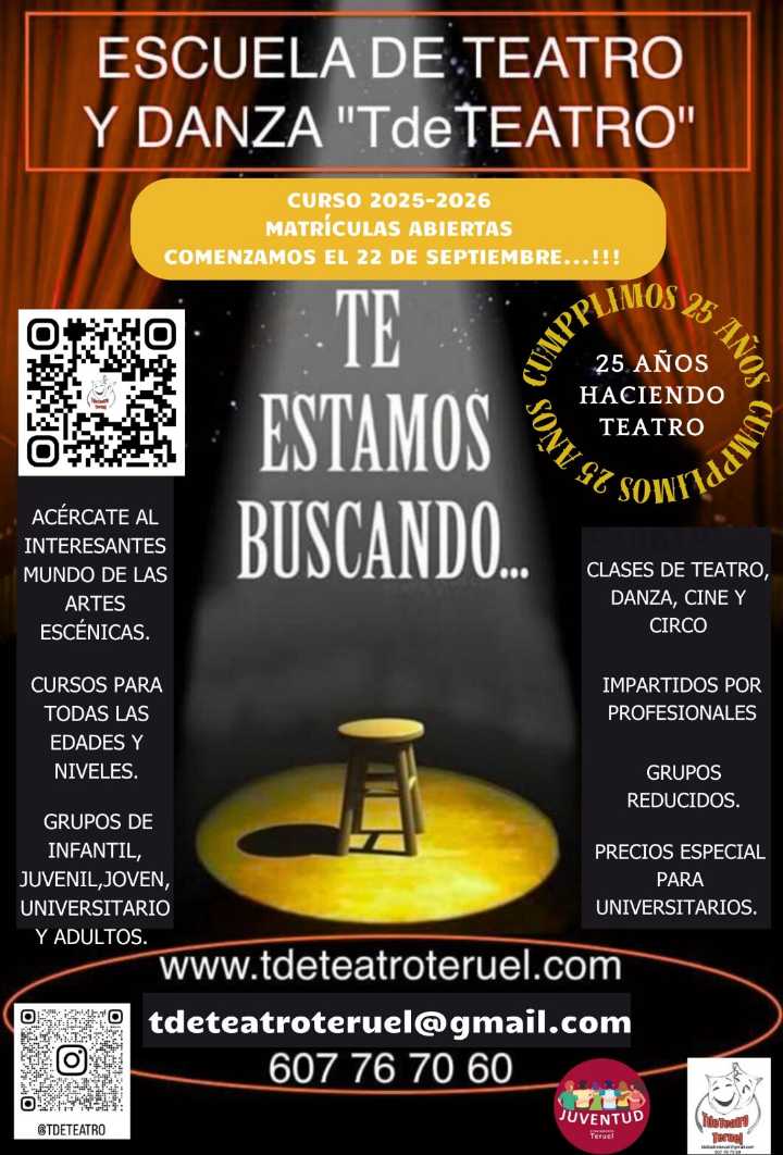 TdeTeatro» en Teruel anuncia la apertura de matrículas. Celebran su 25 cumpleaños