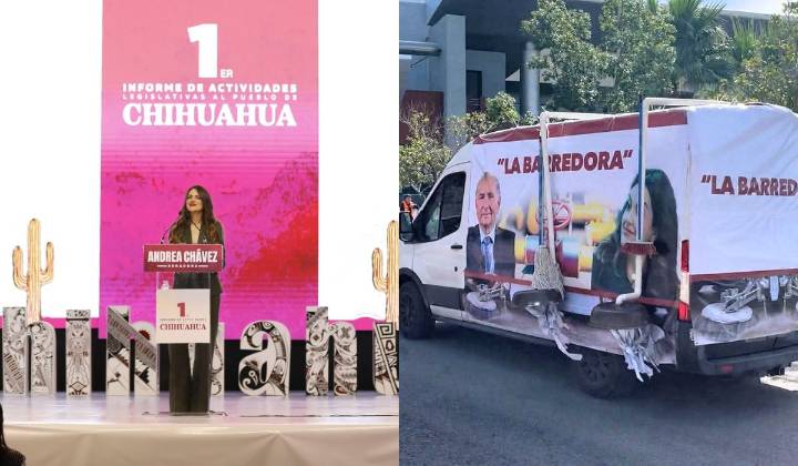 Protestas y Lonas de “La Barredora” Acompañaron el Informe de la Senadora Andrea Chávez en Chihuahua