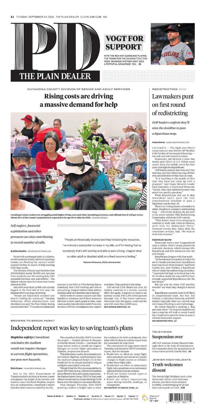 The Plain Dealer’s front page for September 23, 2025