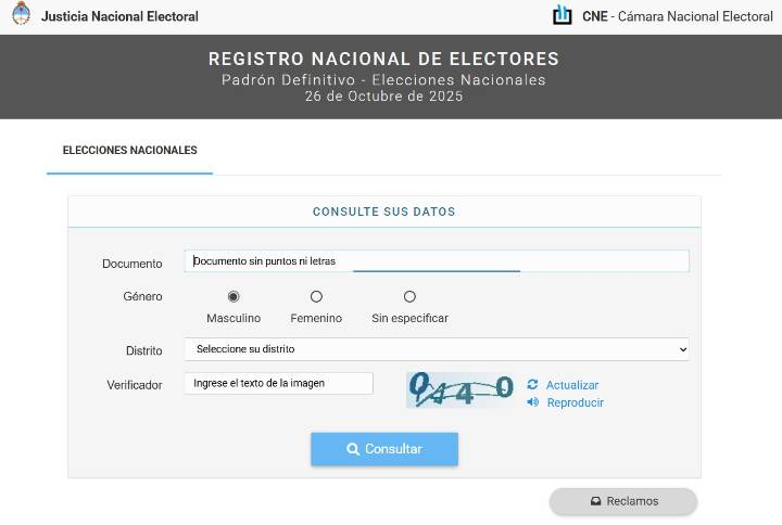 Padrón electoral: ya se puede consultar dónde se vota el 26 de octubre