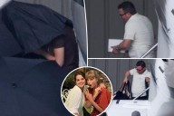 Taylor Swift hides under umbrellas as she lands in Calfiornia for Selena Gomez's wedding