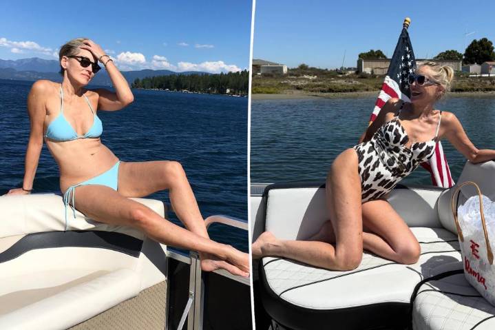 Sharon Stone, 67, models plunging animal print swimsuit on 'glorious' boat outing