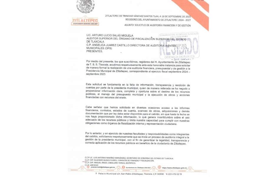 Regidores de Zitlaltépec exigen auditar a presidenta por opacidad