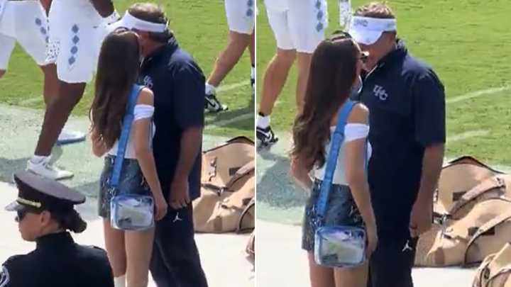 Fans spot Bill Belichick's 'inappropriate' behavior with girlfriend Jordon Hudson on sidelines before UNC's blowout loss