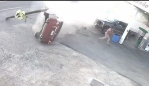 Wild video show man at gas station nearly being hit by out