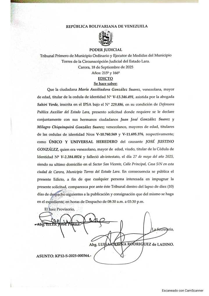 Edicto – Solicitud de Declaración de Únicos y Universales Herederos presentada por la ciudadana María Auxiliadora González Suárez, asunto: KP12-S
