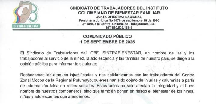 Comunicado de SINTRABIENESTAR: Rechazo a Ataques contra Trabajadores del ICBF en Mocoa