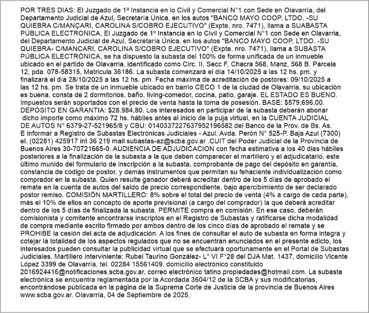 Edicto sobre subasta pública electrónica