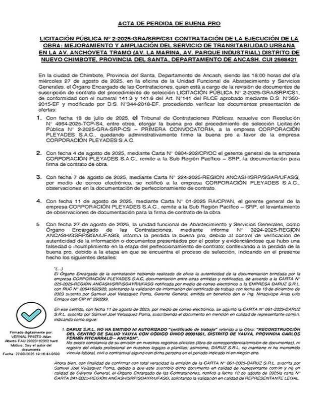 Hace solo seis días Pleyades se quedó sin la Avenida Anchoveta porque presentó documentos falsos