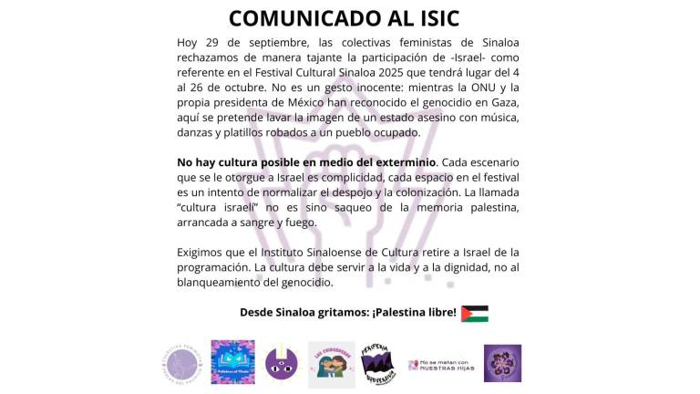ISIC retira a Israel tras rechazo de colectivas feministas en Festival Cultural Sinaloa