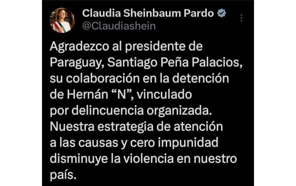 Sheinbaum agradece apoyo de Paraguay tras captura de Hernán Bermúdez