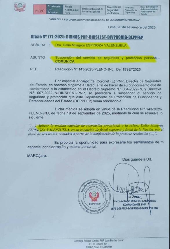 Mininter retira seguridad a Delia Espinoza tras suspensión de la JNJ