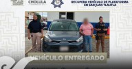 Policía de San Pedro Cholula recupera vehículo de plataforma en San Juan Tlautla