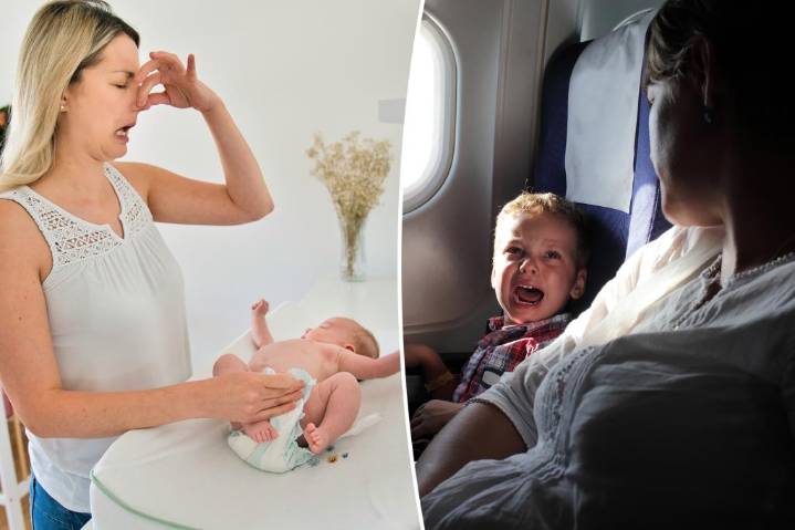 Mom changes baby’s diaper mid-flight, passengers gag
