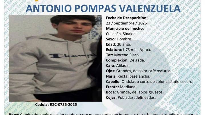 Piden apoyo para localizar a Antonio Pompas Valenzuela, joven desaparecido en Culiacán