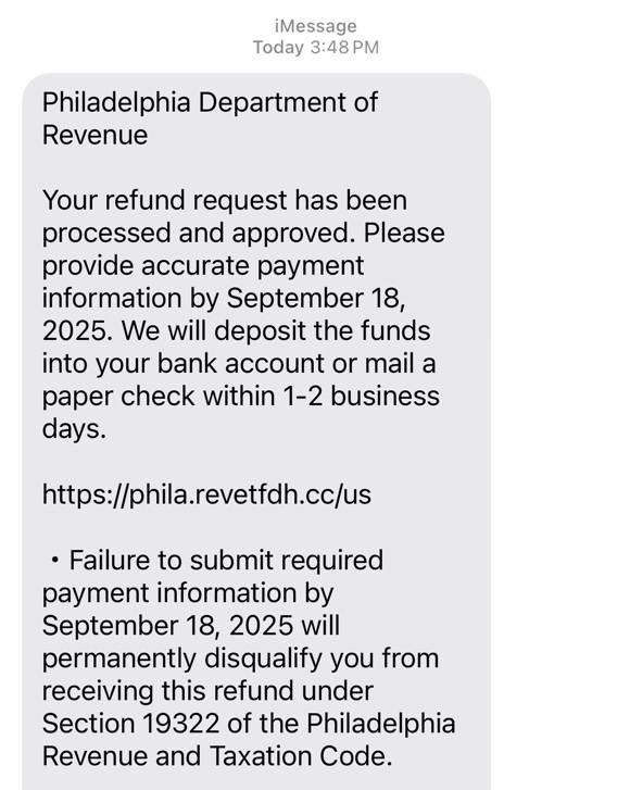 Philadelphia officials warn residents of tax refund text scam