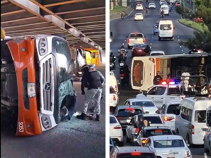Aparatosa volcadura de transporte público en la Zaragoza CDMX deja 5 heridos