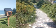 Fairport Harbor free little library books torn apart, scattered down beach path