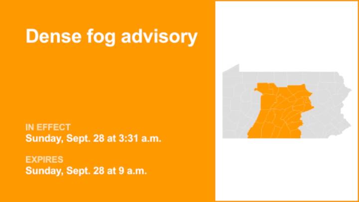 Dense fog advisory affecting part of Pennsylvania until Sunday morning