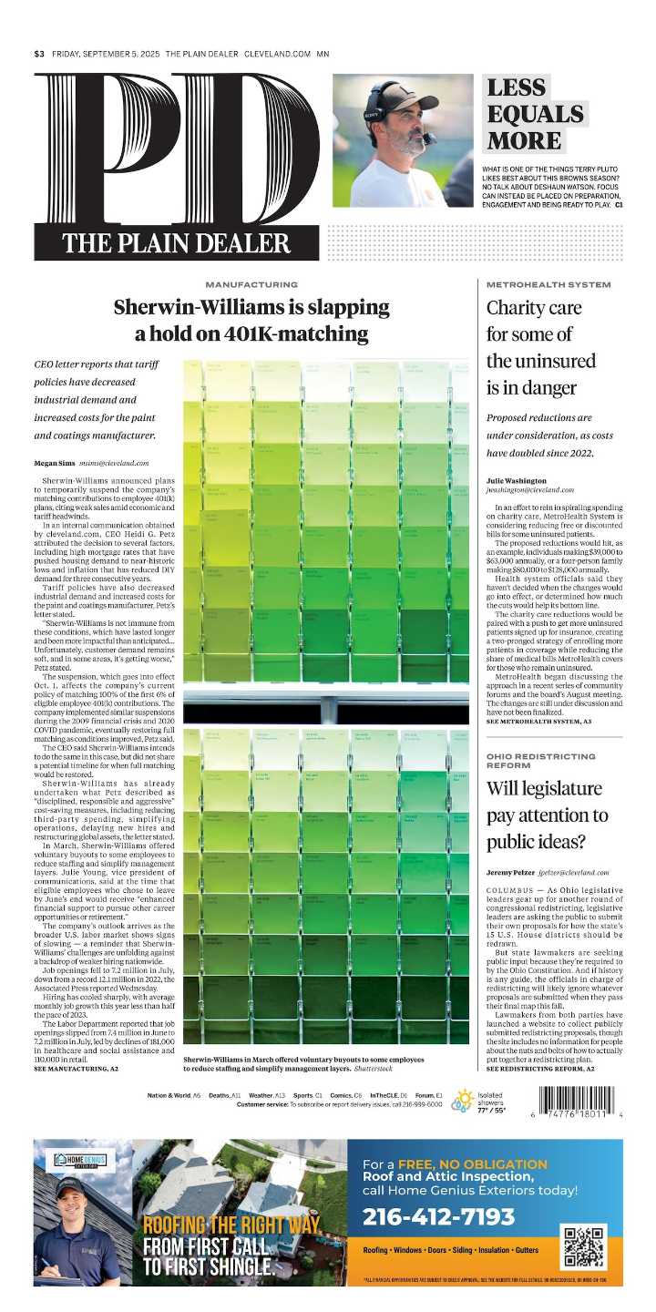 The Plain Dealer’s front page for September 5, 2025